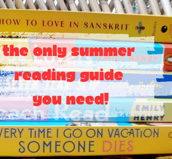 A stack of books with a heading 'the only summer reading guide you need' overlaid