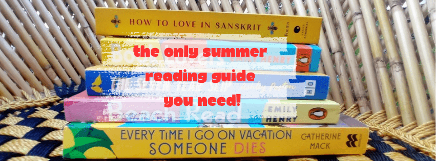 A stack of books with a heading 'the only summer reading guide you need' overlaid