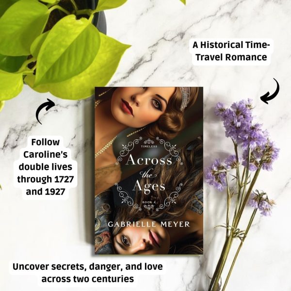 a picture of the cover of Across the Ages with annotations around it. There is a leaf in the corner and flowers at the bottom