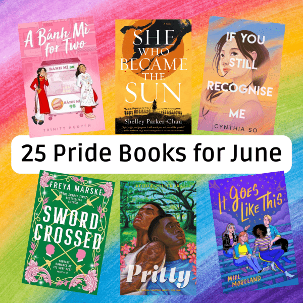 A Rainbow background with book covers and blog heading overlaid