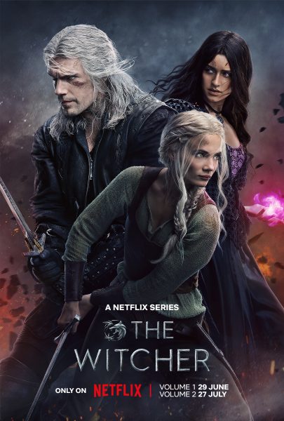 the netflix cover of the witcher featuring three characters