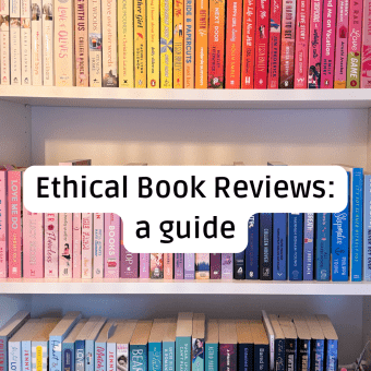 a wall of rainbow books with the title 'ethical book review: a guide' overlaid on top