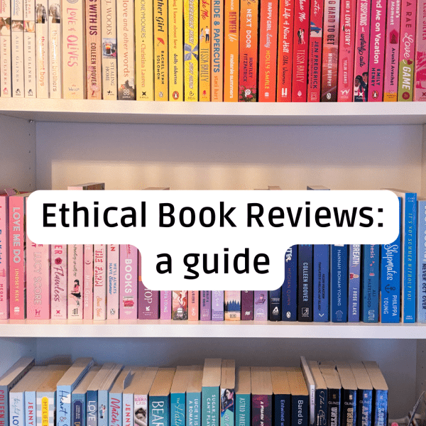 a wall of rainbow books with the title 'ethical book review: a guide' overlaid on top
