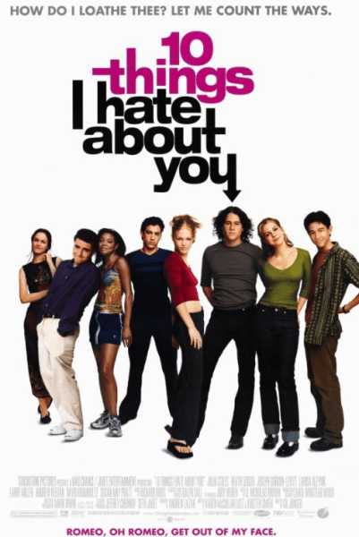 Movie poster against a plain white background. At the top, the tagline reads: "HOW DO I LOATHE THEE? LET ME COUNT THE WAYS." The title, " 10 things I hate about you ," is written in large, bold letters of varying sizes, with the word "you" featuring a downward-pointing arrow.
Below the text, eight cast members stand in a horizontal line, including:
Julia Stiles and Heath Ledger in the center.
Joseph Gordon-Levitt , Larisa Oleynik , Gabrielle Union , and others flanking them.
The cast is dressed in late-90s fashion , such as cropped tops, cargo pants, and platform sandals.
At the bottom, a pink footer contains the credits and the humorous quote: "ROMEO, OH ROMEO, GET OUT OF MY FACE."