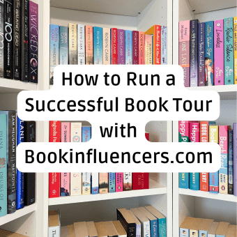 Bookshelf filled with colorful novels with text overlay reading “How to Run a Successful Book Tour with Bookinfluencers.com.”