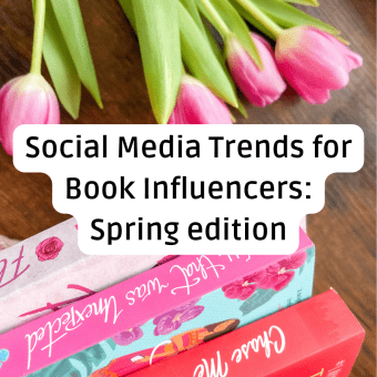 Spring-themed blog banner featuring pink tulips and a stack of books with the text "Social Media Trends for Book Influencers: Spring edition."