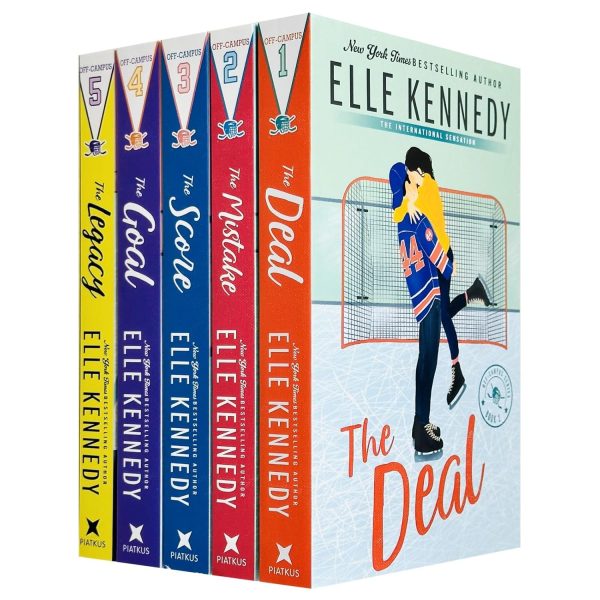 A 5-book paperback box set of the Off-Campus series by Elle Kennedy, displaying the colorful spines of The Legacy, The Goal, The Score, The Mistake, and the cover of The Deal.