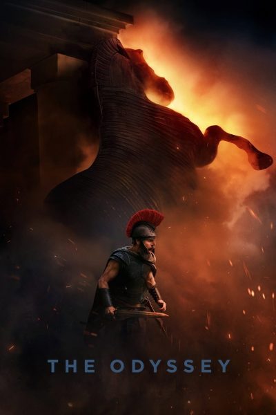 movie poster of The Odyssey directed by Christopher Nolan. The background shows a burning Trojan Horse, and the foreground shows Matt Damon as Odysseus 
